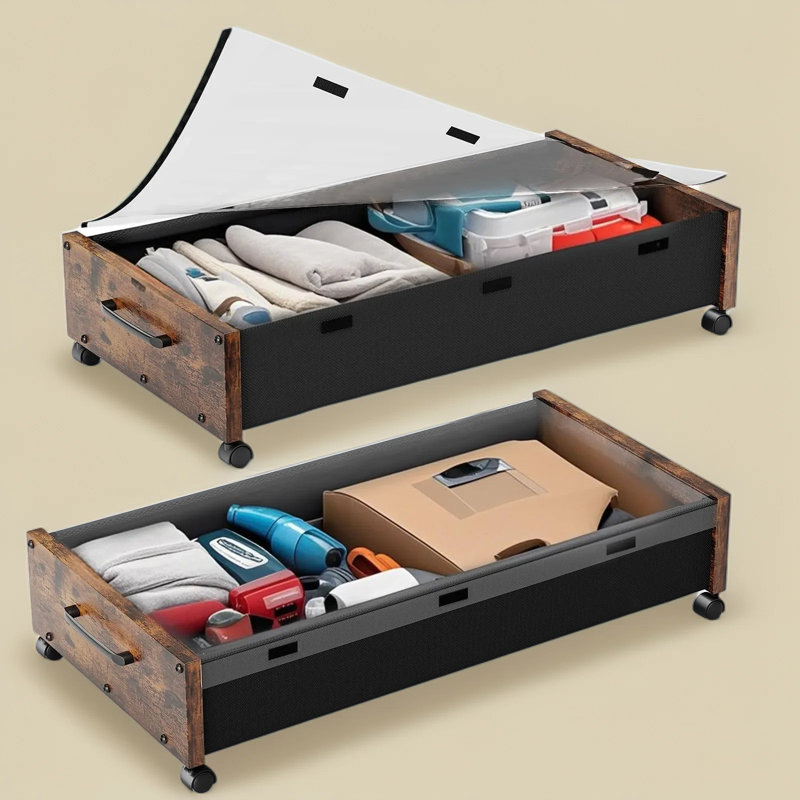 Under Bed Storage Drawers With Wheels And Clear Lid, 2-Pack Extra Large Rolling Storage Containers For Shoes, Clothes, Toys, Heavy Duty Wooden Design With Removable Transparent Cover