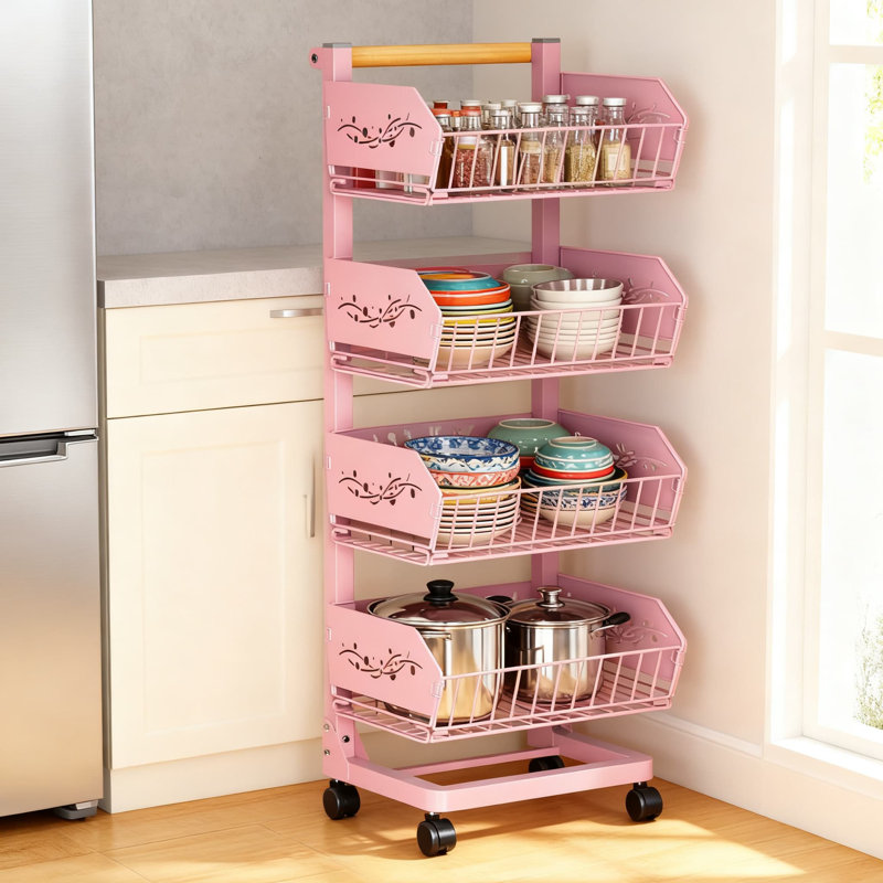Chariot de cuisine à 4 niveaux avec paniers amovibles, organisateur de rangement en acier robuste pour garde-manger, collations, fruits et légumes