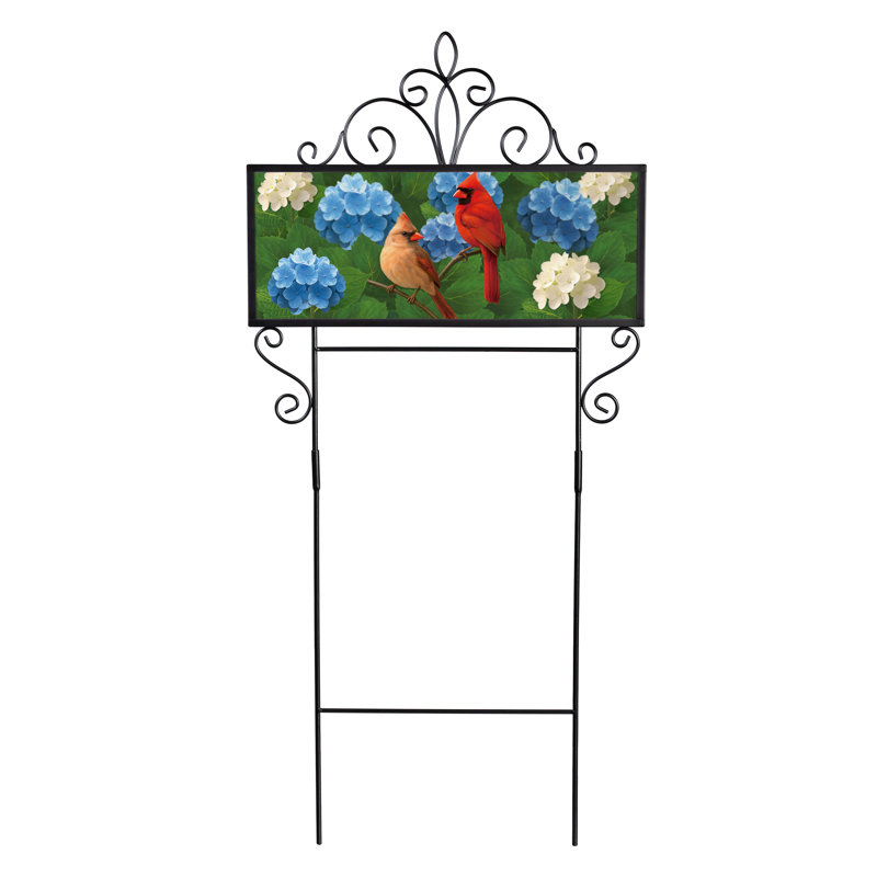 Cardinal Couple Among Hydrangea PVC Horizontal Yard Sign, 20in x 8in