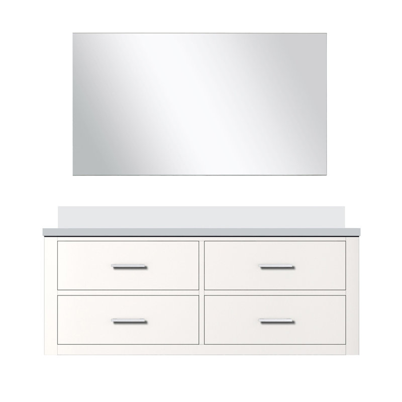 Meuble-lavabo noir simple de 122 cm de largeur x 56 cm de profondeur, comptoir en quartz blanc et miroir de 109 cm.