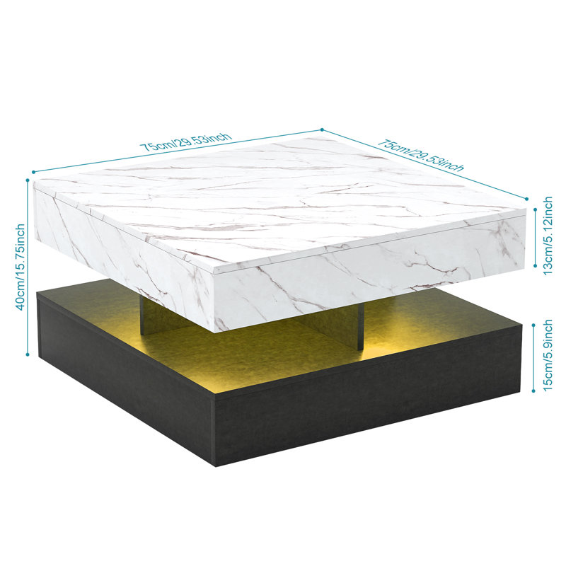 Square LED Coffee Table for Living Room, 2-Tier Centre Table with Plug-in LED Light