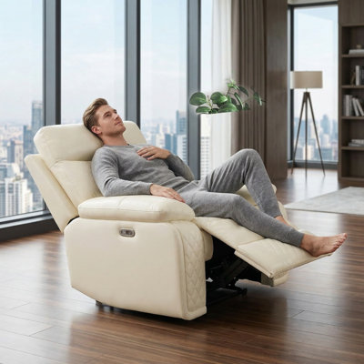 Off-White Breathable Semi PU Leather Living Room Recliner Sofa Set, Intelligent 3-Piece With LED Lights, Wireless Charging, Cup Holders & Storage, Comfortable Theater Seating For Living Room