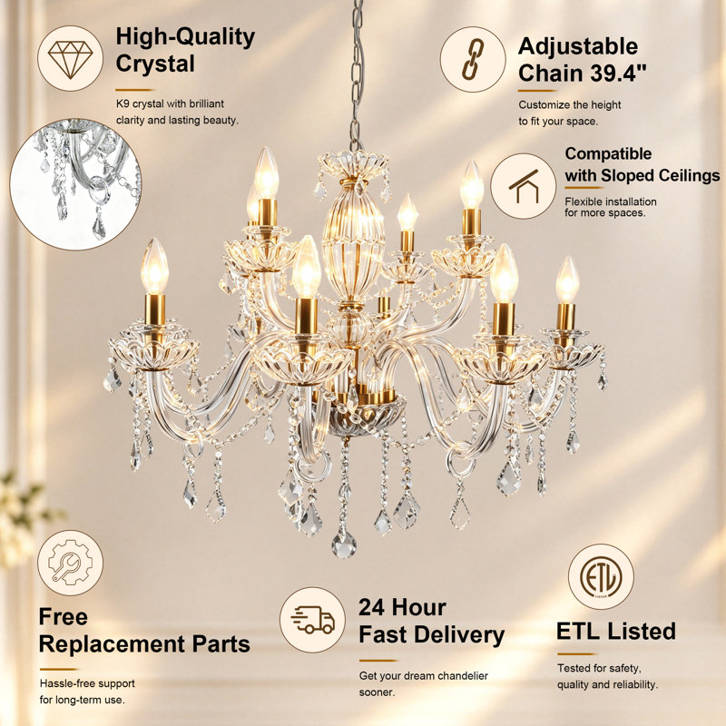 Mondeja 12-Light 30" Polished Brass Classic/Tradition Candle Chandelier with Crystal for Dining Room or Living Room