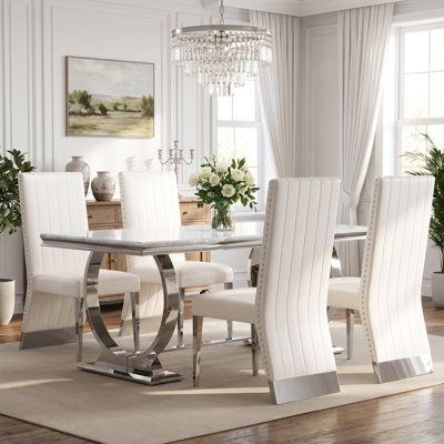 Ensemble table et chaises de salle à manger grises de 178 cm (70 pouces) avec 6 chaises de salle à manger en similicuir argenté pour 6 personnes