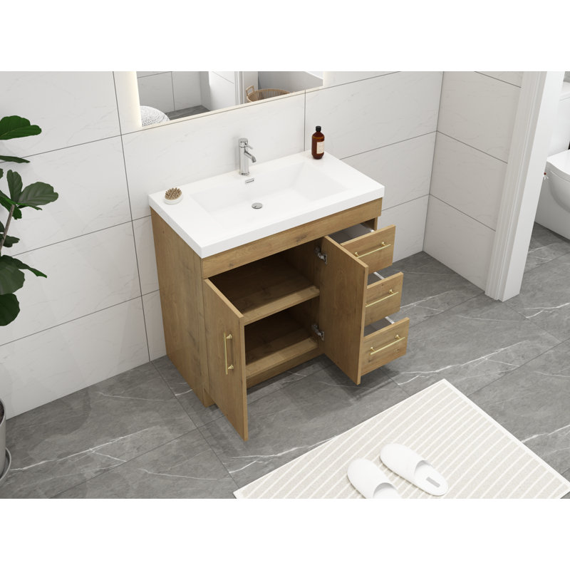 Carliss 36'' Single Bathroom Vanity with Acrylic Top, Oak, Gold