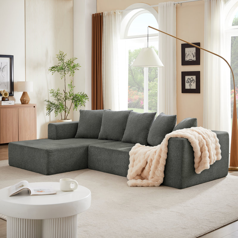 Boneless Chenille Modular Compressed L Shaped Sofa, Gray Fabric, Right Hand Facing