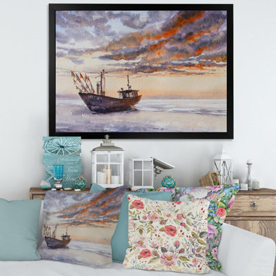 Bateau de pêche en bois sur la côte baltique - Peinture sur toile
