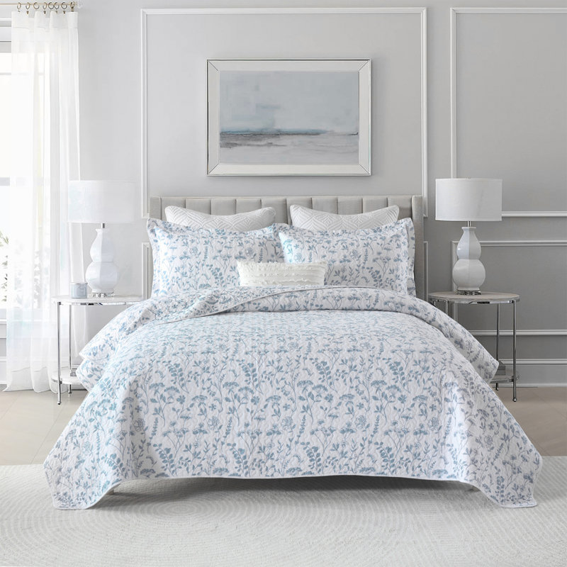 Ensemble de courtepointe 100% coton DUOHONG, Courtepointe pour grand lit + 2 taies décoratives, Motif floral bleu / blanc