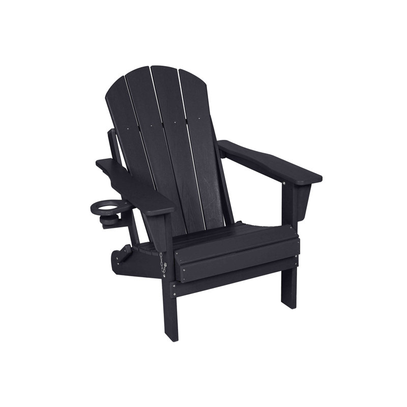 HDPE Folding Adirondack Chair With Dual Cup Holder - Composite Adirondack Chair With Wood Texture, Black