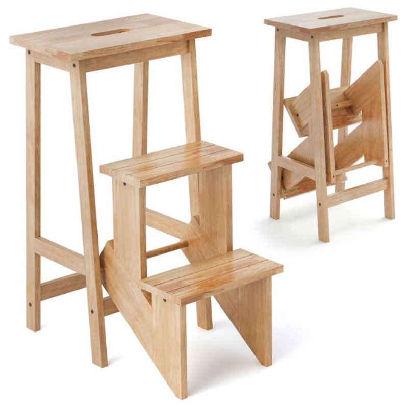 Gracie Oaks 3 Tier Step Stool 3 In 1 Folding Ladder Bench Storage Shelf Natural
