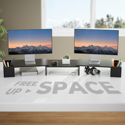 Dual Monitor Stand, Laptop Stand With Storage Accessories Slots, Length And Angle Adjustable, Ergonomic Viewing Height