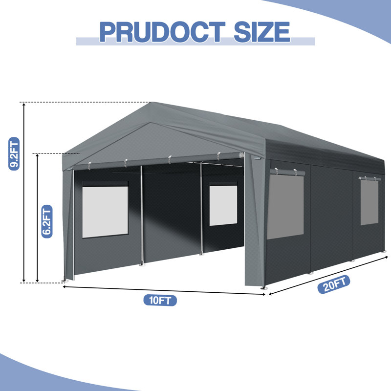 10'X20' Heavy-Duty Dark Grey Carport With Reinforced Galvanized Steel Frame