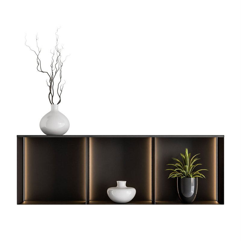 3 Piece Square Metal Cube Shelf, Black / Black with LED