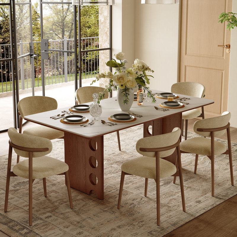 71" Mid Century Dining Table with Sintered Stone Tabletop, Rectangular Kitchen Table with Solid Wood  Pedestal for 6