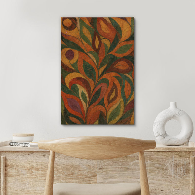 Motif rétro de feuilles, terre chaude, impression sur toile encadrée, H 48 po x l 32 po, Toile tendue, Ne s’applique pas
