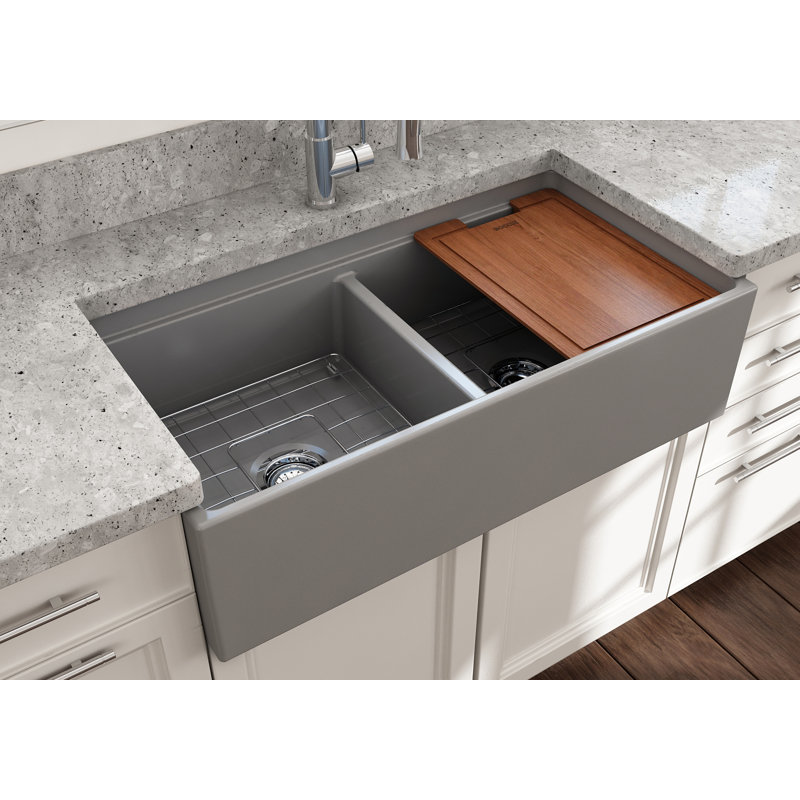 Contempo 36 in. L Farmhouse Double Basin Kitchen Sink, Matte Gray