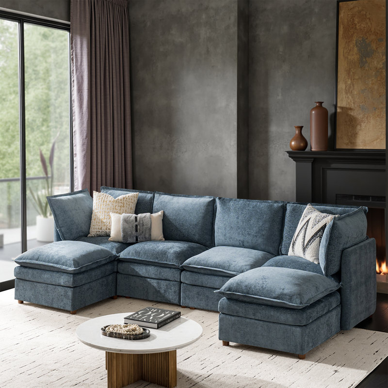 Cashin 127.5“ Modern Oversized Double-Layer Cushion Storage Sectional Sofa with Extendable Foot Pedal, Blue Polyester