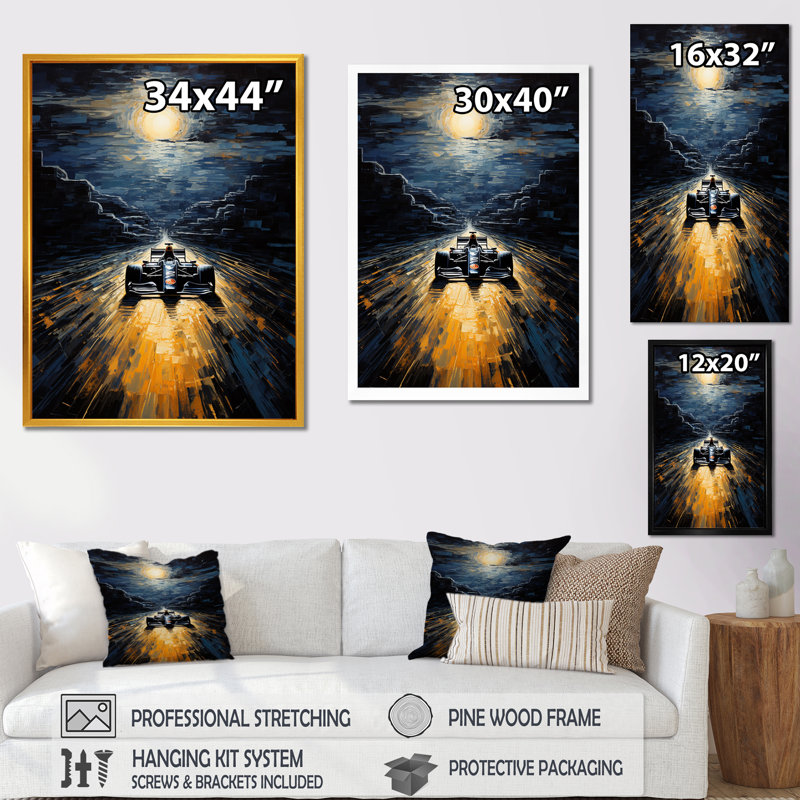 Midnight Formule Car Race Track I, Encadrement doré, H 32 po x l 24 po x P 1 po