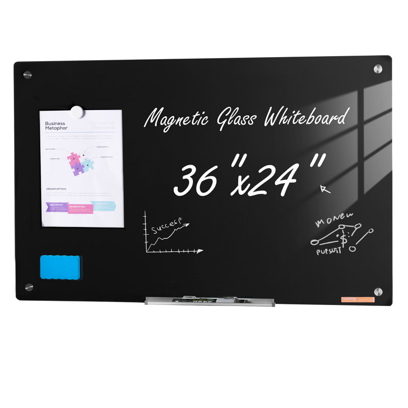 Black Frameless Magnetic Glass Whiteboard 36" x 24"