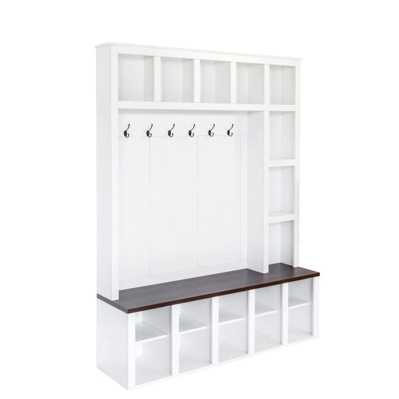 Farmhouse Wooden Style Hall Tree With 6 Hooks, Practical Walnut Storage Bench With Adjustable Shelves,  4-In-1 Entryway Shoe Cabinet With 13 Cubbies