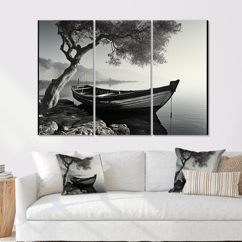 Bateau, paysage au bord du lac - ensemble de décoration murale bateau côtier, H 32 po x l 48 po x P 1 po