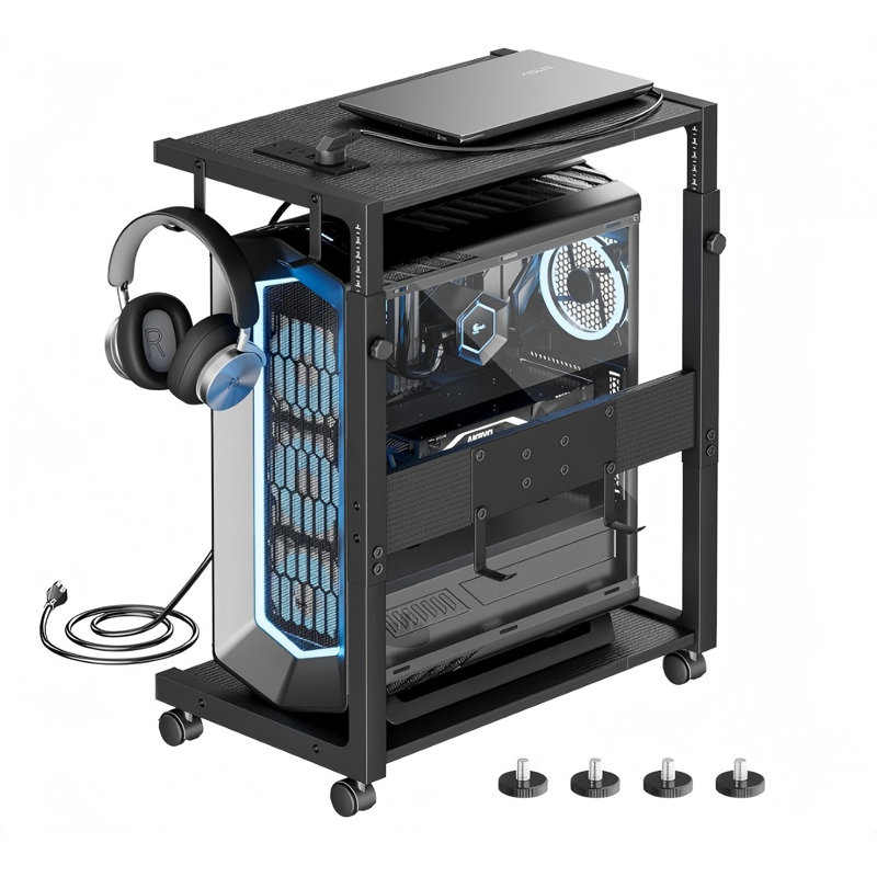 Computer Tower Stand, Adjustable PC Tower Stand CPU Holder Cart With Charging Station For Office Home Classroom