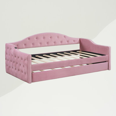 Twin Tufted Daybed with Trundle, Velvet Daybed with USB Charging Ports by House of Hampton