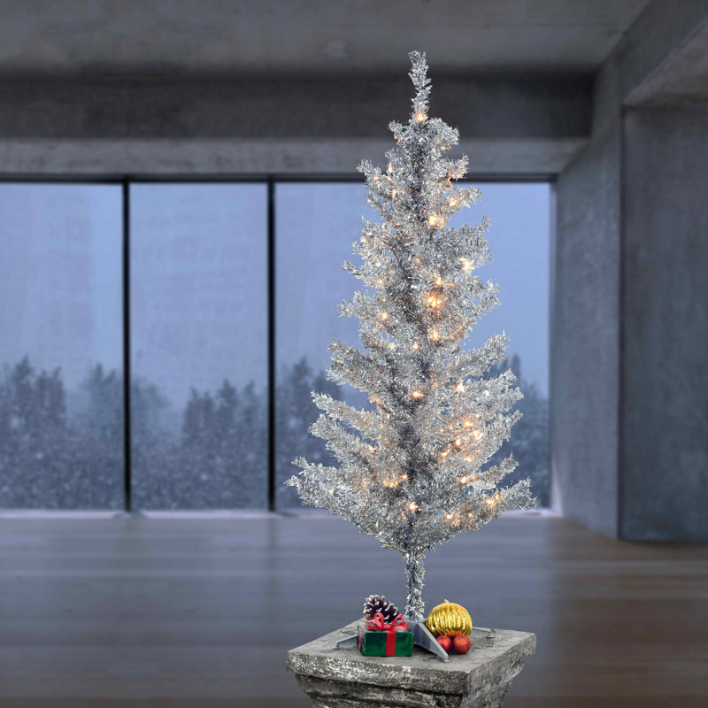 The Holiday Aisle® Silver Tinsel Tree with Clear Lights, 4'
