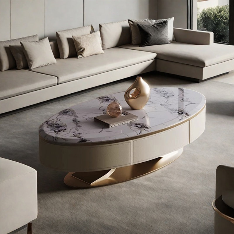 Table basse légère de luxe en forme de plaque ovale, Noir / blanc