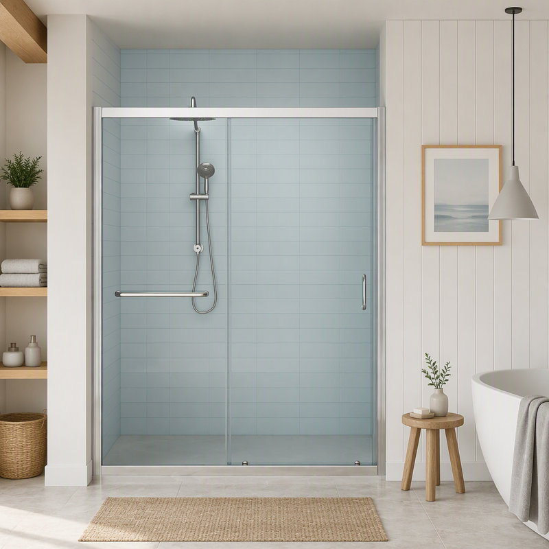Cabine de douche coulissante simple de 122 cm (L) x 183 cm (H) avec cadre chromé, verre trempé de 6 mm, technologie Easy Clean