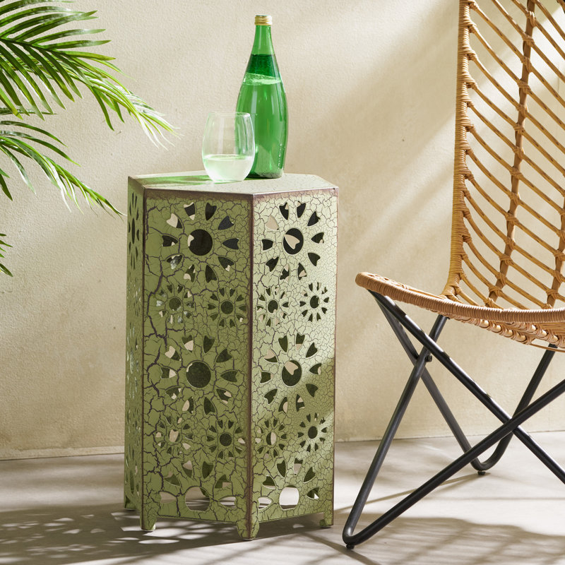 Table d'appoint de 14 pouces avec motif découpé Sunburst, finition vert craquelé pour un décor moderne et élégant, Vert
