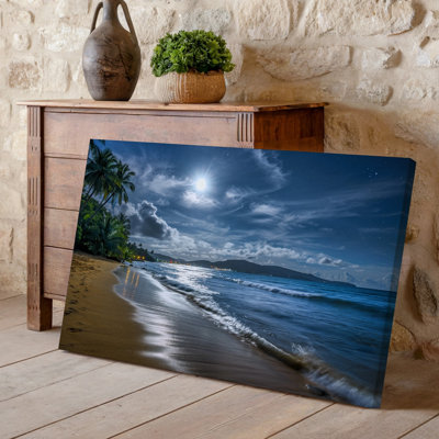 Canvas A Serene Tropical Beach Scene Under A Starlit Night Sky Wall Art Illuminated By A Bright Full Moon Casting Silvery Reflections Canvas Wall Art