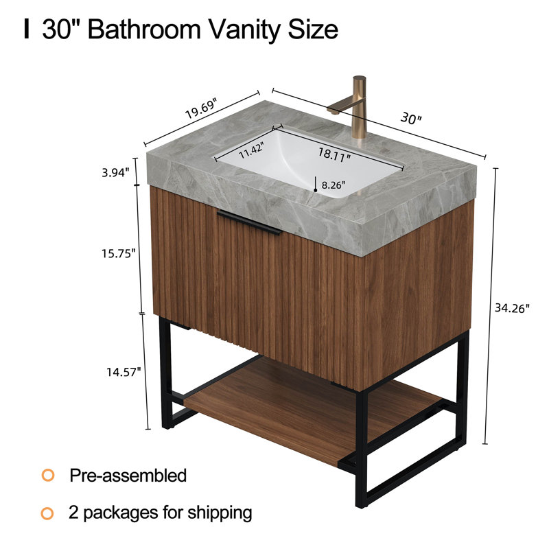 Meuble-lavabo autoportant de 30 po avec lavabo rayé (tiroir + tablette ouverte) pré-assemblé, 30"