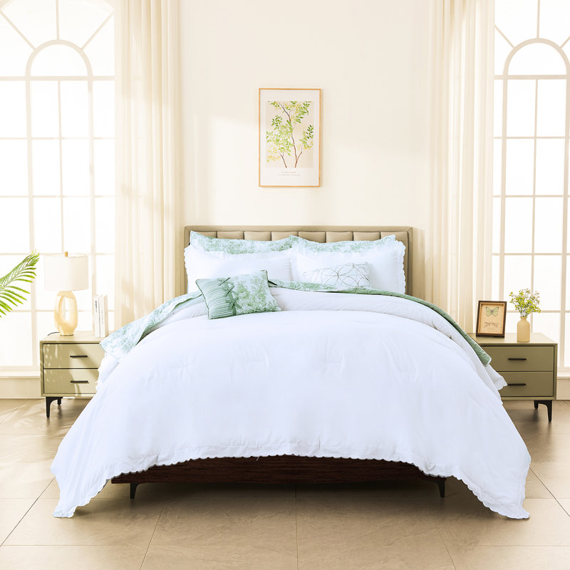 Elegant White Cotton Queen Comforter Set with Quilted Edges