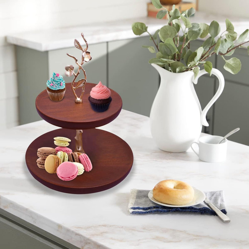 Présentoir à gâteaux rustique en bois d'acacia à 2 niveaux avec piédestal à branches dorées pour présentation de desserts et décorations de Noël