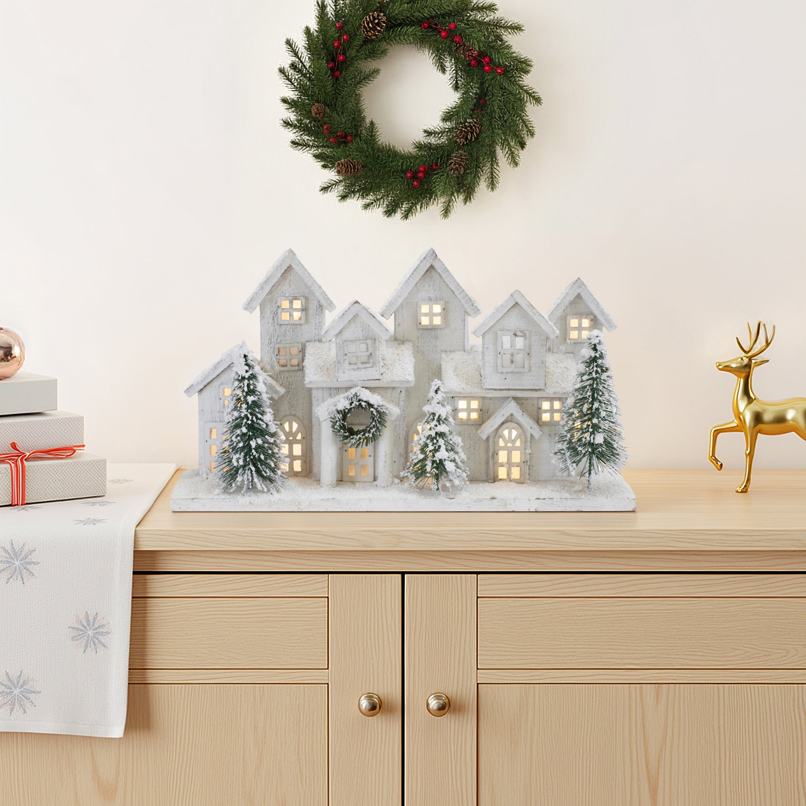 LED Flocked Winter Village Display 17"L