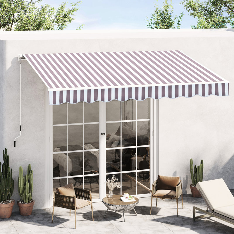 Auvent de patio rétractable 10 pi x 8 pi - Abri de soleil avec manivelle manuelle et toile d'eau, cadre en aluminium pour terrasse, balcon, cour, rayures café