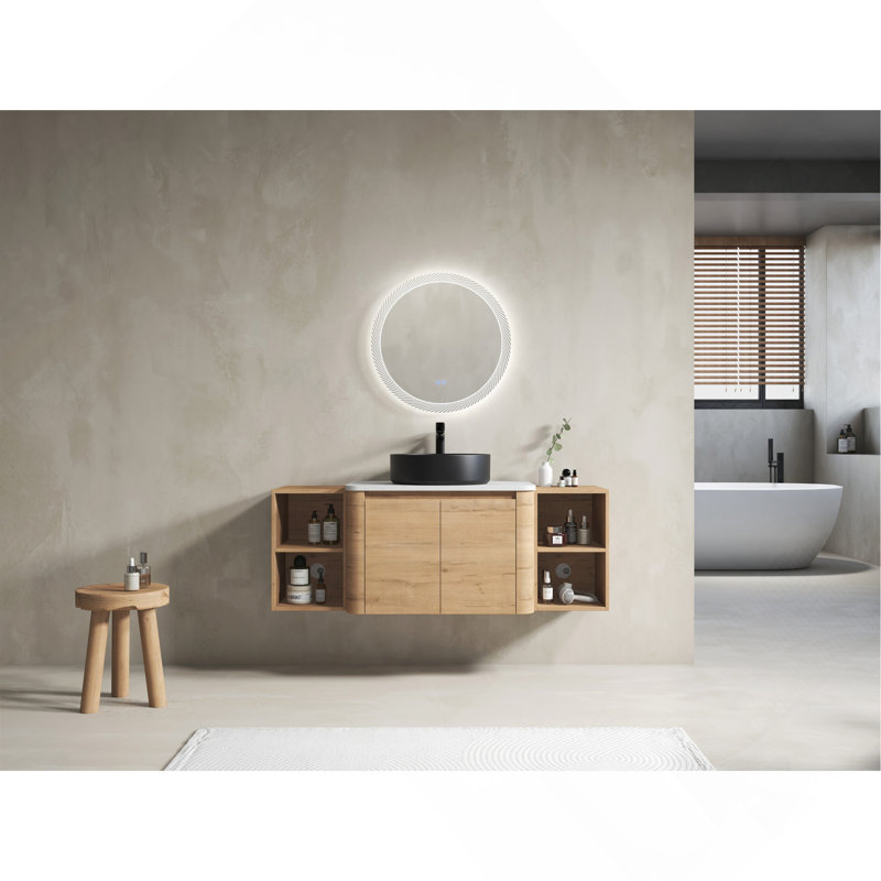 Meuble-lavabo mural 54 po en contreplaqué avec vasque en céramique, 2 tablettes de rangement et 2 portes à fermeture en douceur