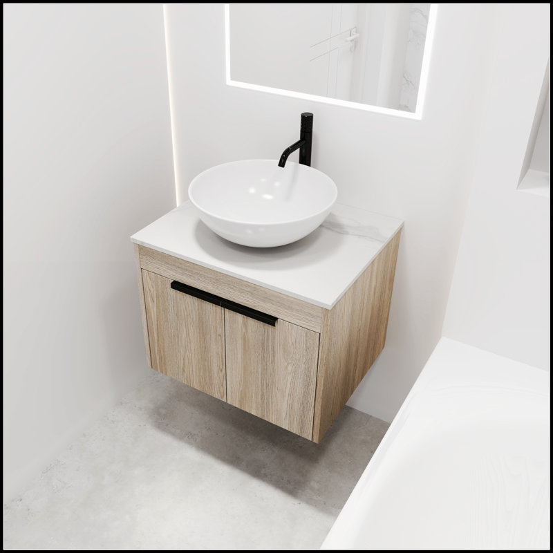 Meuble-lavabo mural moderne en chêne blanc avec lavabo en céramique, parfait pour les solutions élégantes et peu encombrantes.
