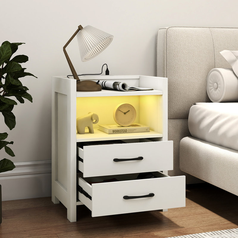 Nightstand LED Bedside Table With LED Lights & Power Outlets, White