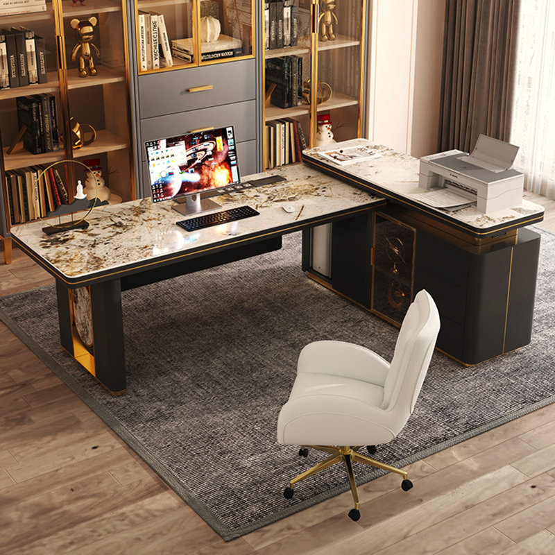 Bureau de coin léger en pierre frittée en forme de L, table de bureau en acier inoxydable au fini cuit au four léger, bureau d'écriture d'ordinateur moderne avec cabinet de rangement attaché