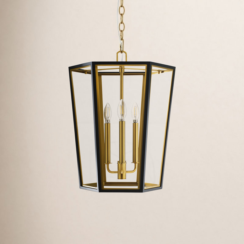 3 - Light Dimmable Lantern Geometric Chandelier, Midnight Black/Burnished Brass