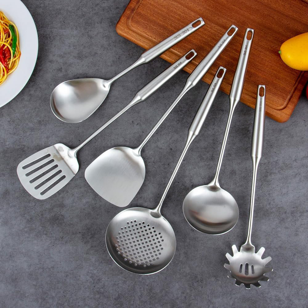 WKING 6-Piece 304 Stainless Steel Kitchen Utensil Set With Wok Spatula, Ladle, Skimmer Spoon, Pasta Spoon, Serving Spoon, And... 