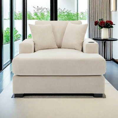 Canapé surdimensionné de 43,5 po de style moderne avec méridienne, avec coussins, station de charge et porte-gobelets, tissu chenille