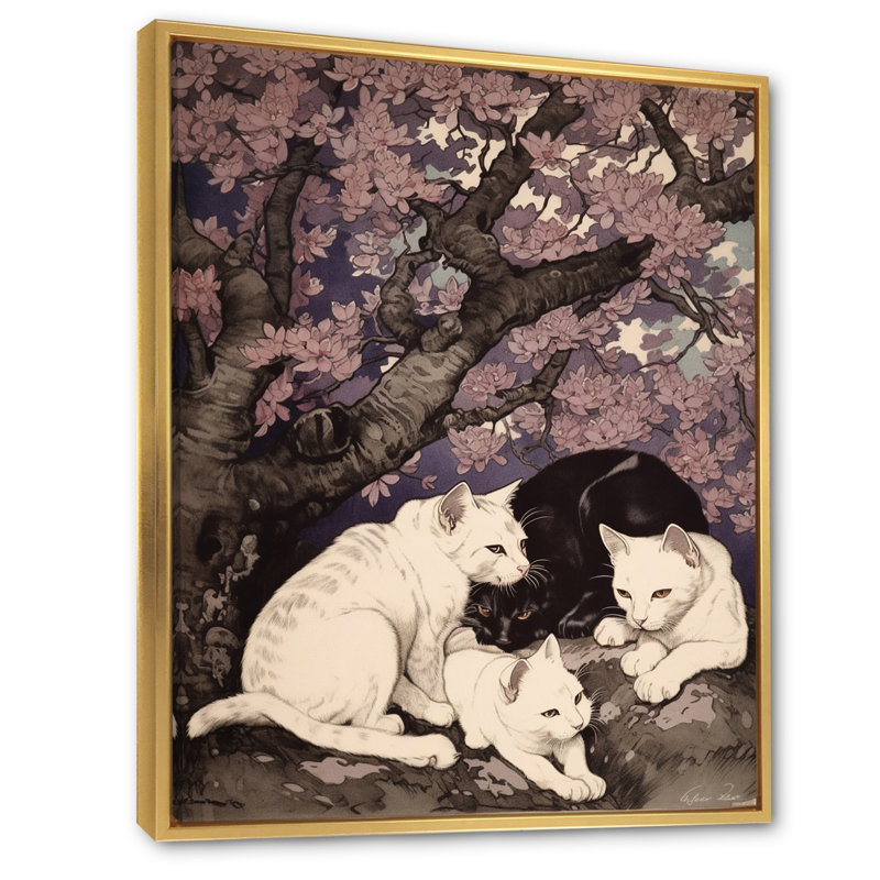 Chat blanc et chat noir dormant sous un arbre - impression, H 44 po x l 34 po x P 1,5 po, Cadre flottant doré
