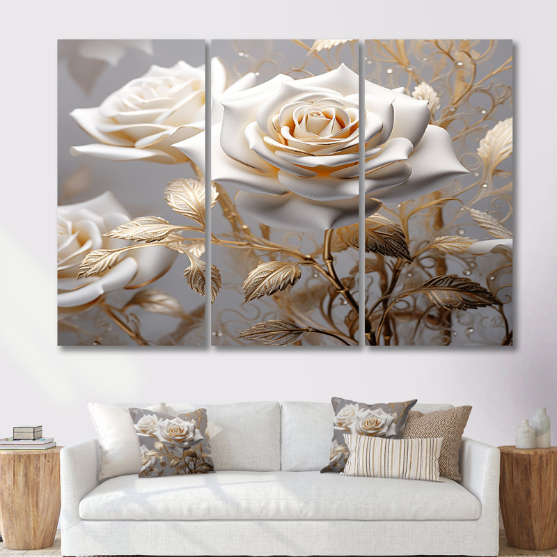 «White Rose Golden Leaves On Grey II - Roses», ensemble d'art mural, Toile tendue, H 40 po x l 60 po x P 1 po