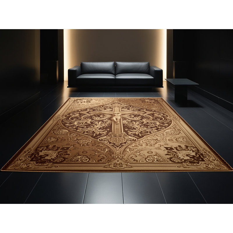 Tapis oriental brun ornemental lavable à la machine Bartow - reliure brun clair, 3x5