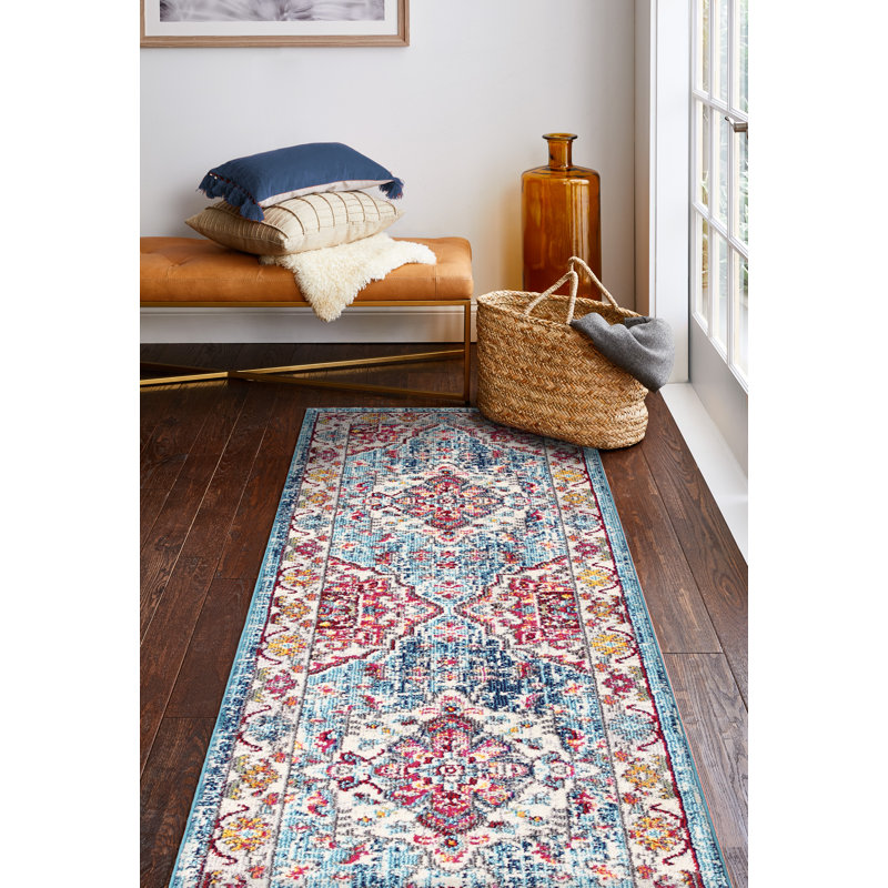 Olaughlin Power Loom Pink/Blue/Ivory Rug, Runner 76 x 244cm