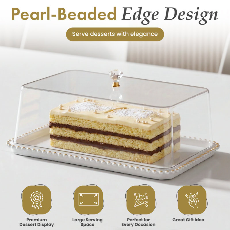  Plateau de service à dessert rectangulaire de 16 po avec plateau transparent et couvercle avec base en piédestal doré et bord perlé pour les gâteaux, pâtisseries et petits gâteaux Idéal pour les mariages et les occasions spéciales