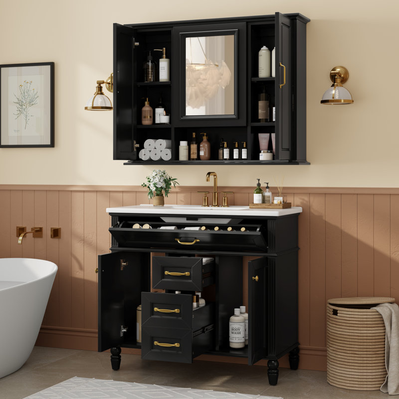 Armoire de rangement pour salle de bain avec miroir, Noir mat